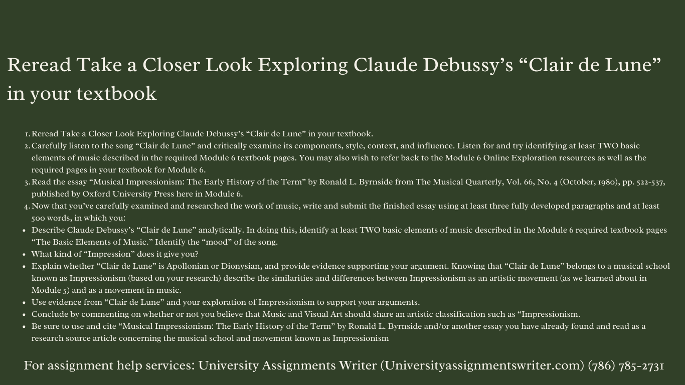 Reread Take a Closer Look Exploring Claude Debussy’s “Clair de Lune” in your textbook