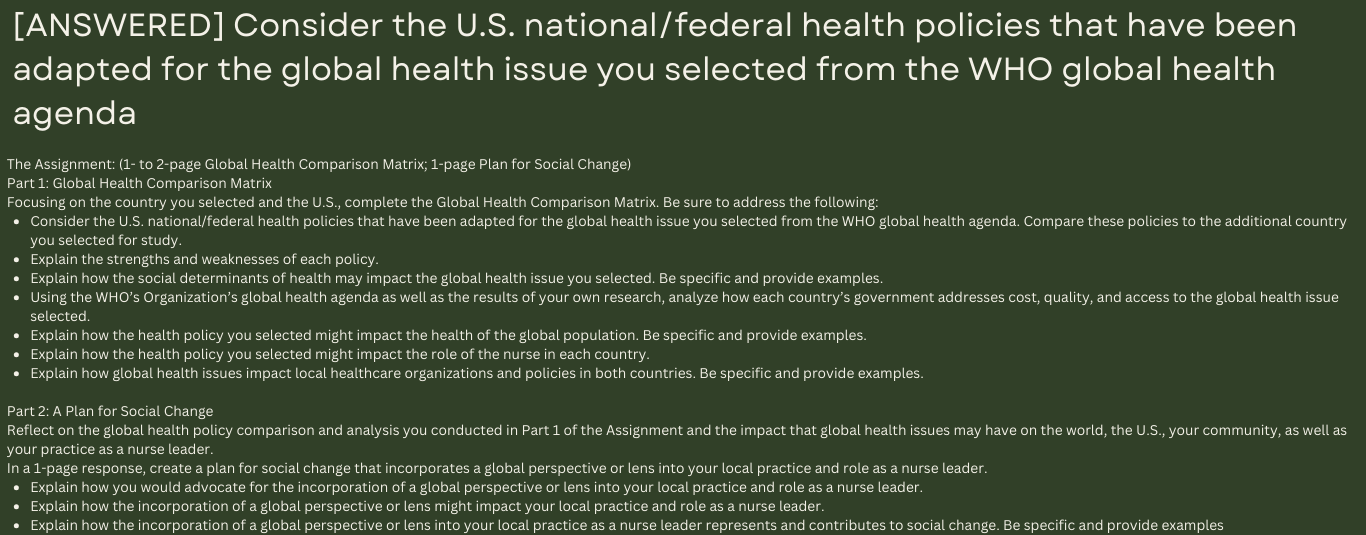 Consider the U.S. national/federal health policies that have been adapted for the global health issue you selected from the WHO global health agenda