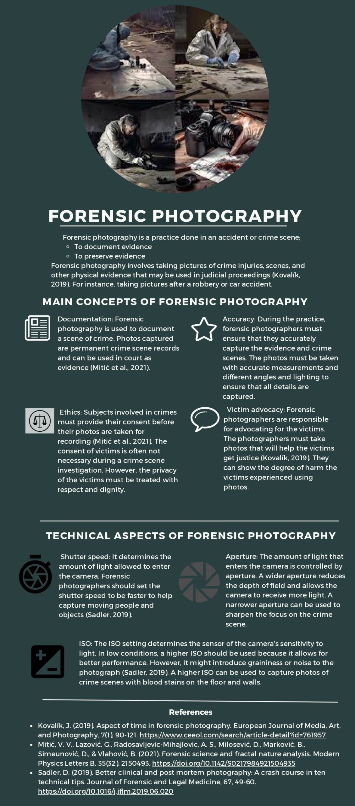 Create an infographic to highlight the main concepts of forensic photography. Address the concerns of consent and victim advocacy. Present the subjects of shutter speed, ISO, and aperture. Provide illustrative examples