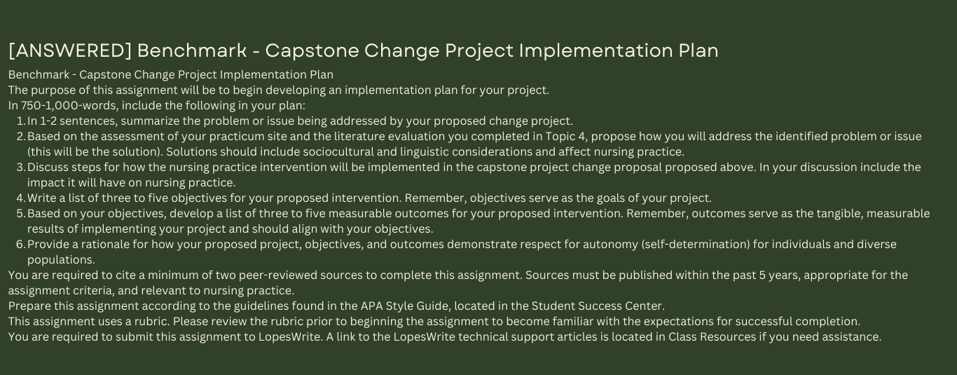 Benchmark - Capstone Change Project Implementation Plan