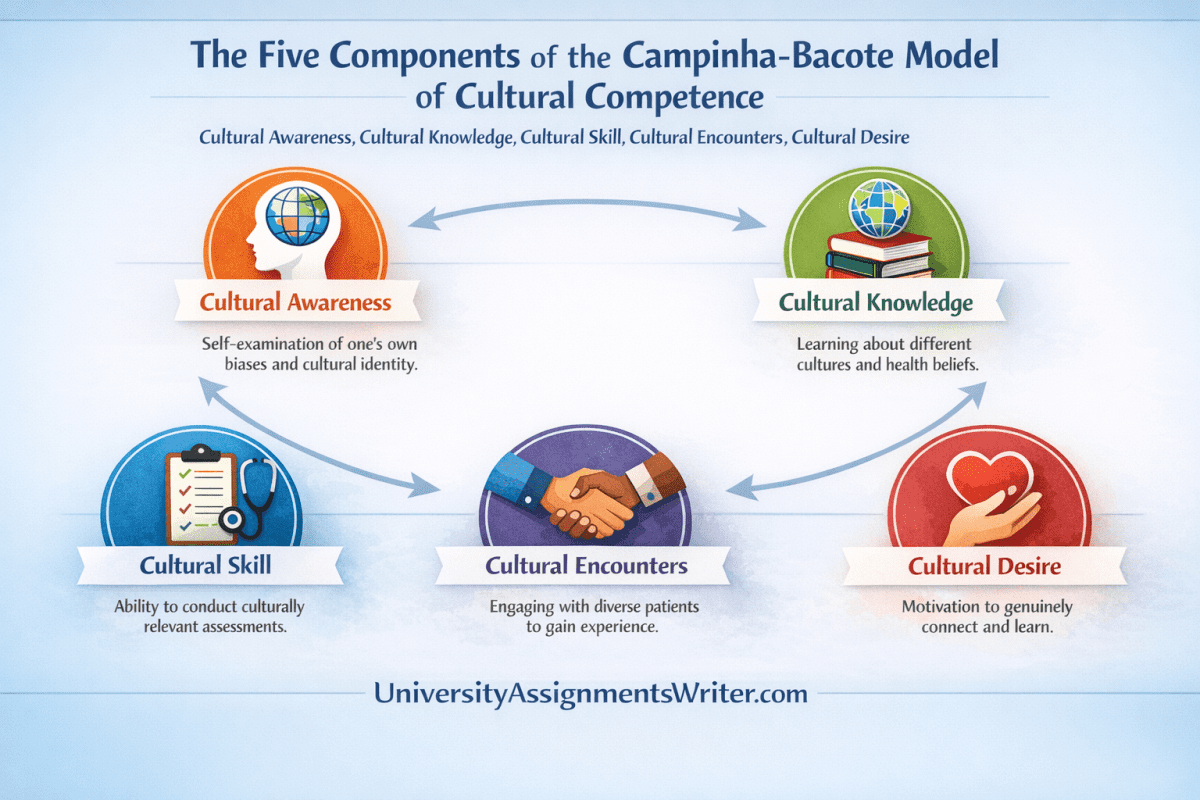 What are the 5 components of the Campinha-Bacote model?